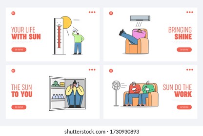 Summer Hot Period Of Time. Website Landing Page. People Sitting Indoors And Outdoors Weary From Heat And Rest From Hot Summer Weather. Web Page Cartoon Linear Outline Flat Vector Illustrations Set