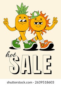 Summer hot sale poster. Retro groovy walking characters sun and pineapple. Flat vector illustration for banner, flyer, card, voucher