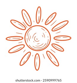 Summer hot sun. Hand drawn doodle. Sunny nice weather. Rays. Warm season. Solar system star. Vector line art illustration.