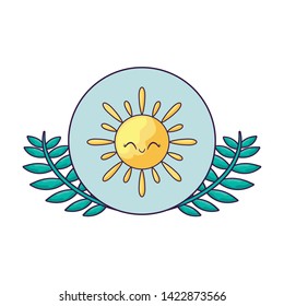 summer hot sun kawaii in frame circular with leaves