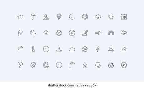 Summer hot sun and moon in eclipse, winter snowflake and storm, umbrella, clouds thin black outline symbols vector illustration. Weather forecast and climate change, meteorology line icon set