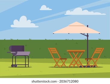 Summer House Backyard With Grill And Garden Furniture. Outdoor Picnic And Backyard Barbecue Zone With Table And Chairs Under Umbrella Tent, Flat Vector Illustration.