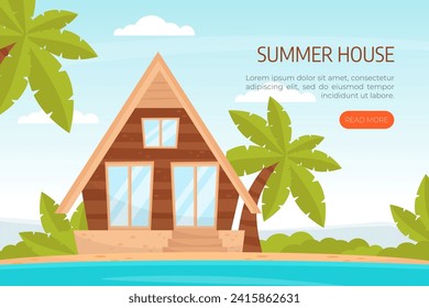 Summer House or Bungalow on Beach Web Banner Vector Template