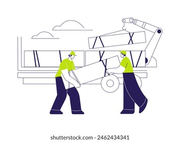 Summer house delivery abstract concept vector illustration. Group of contractors unloads panels from the truck, summer house building, exterior works, materials delivery abstract metaphor.