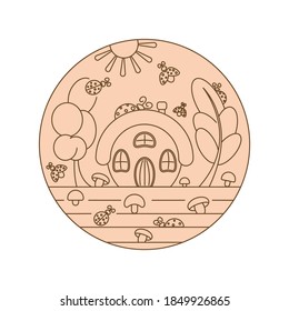 Casa de verano. Elemento de diseño. Casa de invitados, árboles, sol, babuinos y setas en el césped. El contorno es marrón oscuro y el fondo es rosa pálido. Ilustración vectorial.