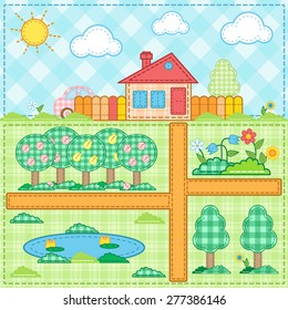 Summer. House with a garden, pond, flowerbed and car. The checkered pattern.
