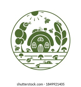 Summer house in garden. Silhouette. Beauty in nature. The image of silhouettes of sun, house, mushroom trees and ladybirds. The color of the objects is warm green. Design element. Vector illustration.