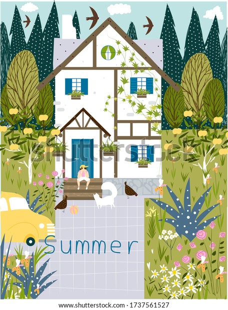 \
Summer. House in the\
garden. Vector summer illustration with home, garden, forest,\
flowers, boy, car, 