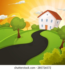 Summer House Inside Green Fields In Sunrise/
Illustration of a cartoon house in spring or summer season, inside green landscape with sun shining