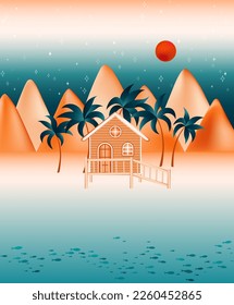 Summer house in Namib desert oasis near the ocean and sand dunes. Vector illustration with palm trees. Paradise sea beach, bungalow summer house for vacation, palms, sand, calm ocean water, sunset sky