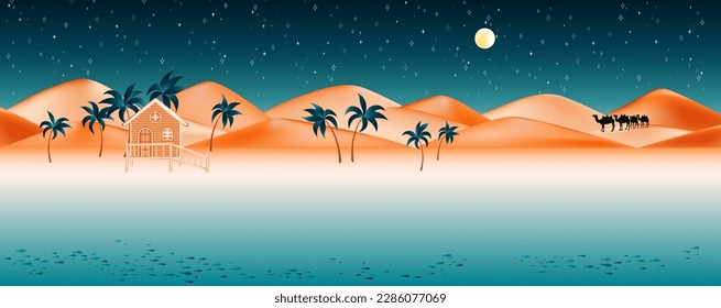 Summer house in Namib desert oasis near the ocean and sand dunes. Vector illustration with palm trees. Paradise sea beach, bungalow summer vacation house, palms, sand, camels, ocean, night sky, fish