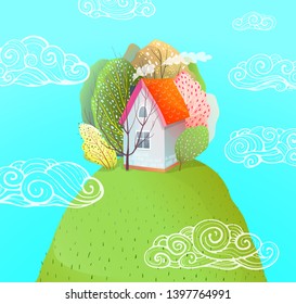 Summer House on Hill Watercolor Style Cartoon. Little hut house on the summer hill with trees and forest nature.