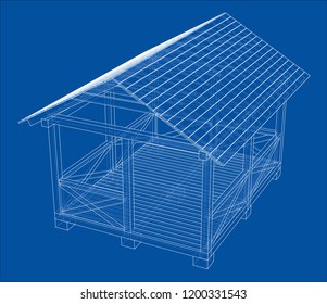 Summer house sketch. Vector rendering of 3d. Wire-frame style. The layers of visible and invisible lines are separated