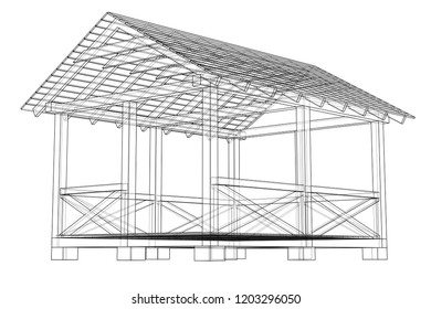 Summer house sketch. Vector rendering of 3d. Wire-frame style. The layers of visible and invisible lines are separated