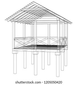 Summer house sketch. Vector rendering of 3d. Wire-frame style. The layers of visible and invisible lines are separated
