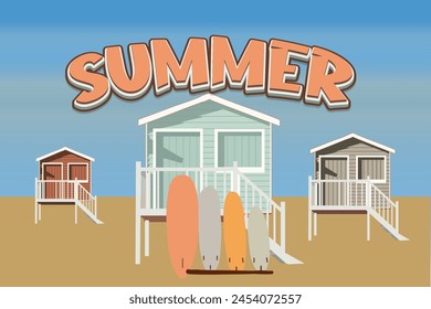 Sommerhaus und Surfbrett mit Strand-Vektorillustration, Holzhütte für Touristen im Urlaub am Strand.