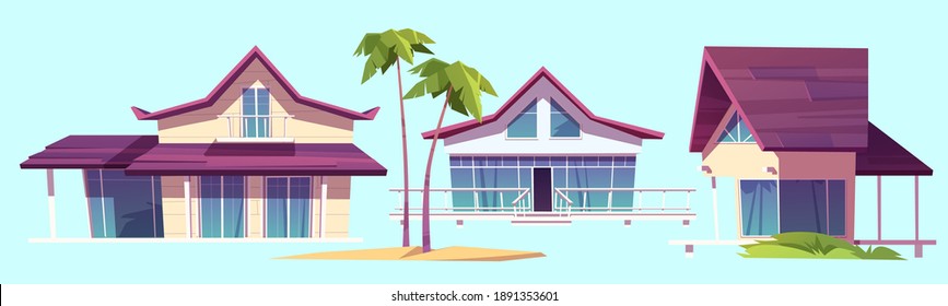 Summer houses, bungalows on sea beach, tropical hotel architecture and palm trees. Vector cartoon set of modern villas for vacation and resort on exotic island in ocean isolated on blue background