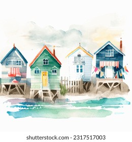 Summer houses at the ocean beach watercolor illustration, cartoon vector drawing of wooden huts for travelers on vacation at the sand sea coast