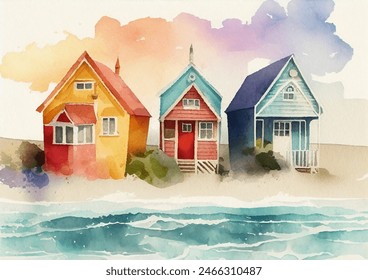 Summer houses at the ocean beach watercolor illustration, cartoon vector drawing of wooden huts for travelers on vacation at the sand sea coast