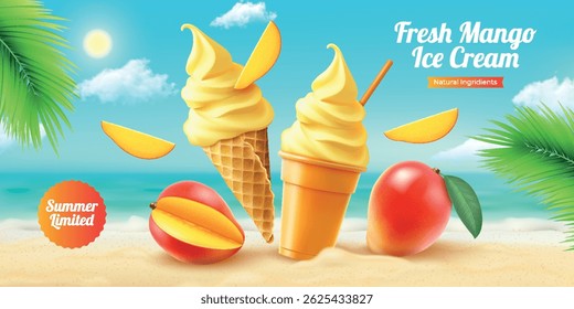 Sorvete de verão e frutas de manga deliciosas frescas. Sobremesa natural contra o pano de fundo de uma praia tropical com folhas de palmeira.