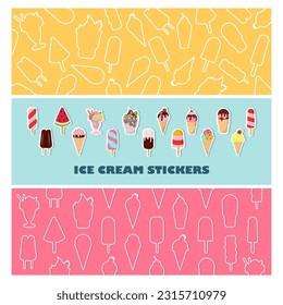 Verano. Helados, plátanos, sandía, pantalones cortos y el mar. Conjunto de ilustraciones vectoriales. Resumen del fondo vectorial. Afiches de tarjetas, arte de portada, volante, pancarta