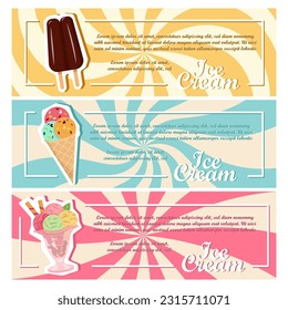 Summer. Ice cream, banana, watermelon, beach shorts and the sea. Set of vector illustrations. Abstract vector background. Card posters, cover art, flyer, banner