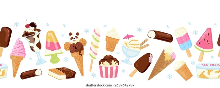 Summer ice cream border. Hand drawn popsicle with sprinkling, scoop balls in cups. Colorful balls or swirls of gelato, frozen yogurt Vector illustration great for party print, poster, banners