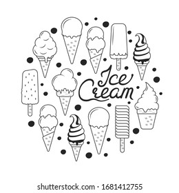 Summer Ice Cream Border With Lettering. Beach Party Print. Juicy Frame In Outline With Cold Yogurt.