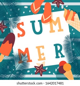 Summer ice cream cafe typographic poster vector illustration. Creamery advertisement banner, gelateria summer offer promotion, ice cream cafe menu cover template place for text. Gelato shop campaign