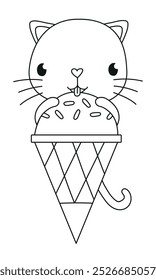 Summer ice cream cat vector line drawing illustration