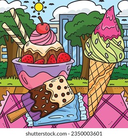 Summer Ice Cream Colored Cartoon Illustration