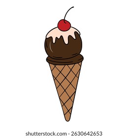 Summer ice cream element collection with cherry on top. Waffle cone with chocolate sundae and vanilla cream