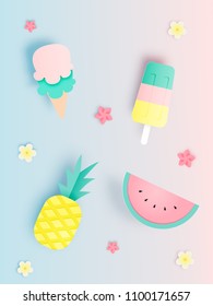 Summer ice cream with fruit in paper art style with minimal pastel color scheme vector illustration 