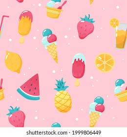 Patrón de helados y frutas de verano. Cute sandía, piña, limón, helado. Dibujaron a mano elementos planos de caricatura. Ilustración del vector