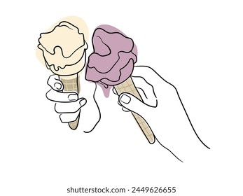 Summer ice cream in hands isolated on white background. Frozen food line art drawing. Vector illustration