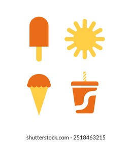 Summer Ice Cream Icon Set Illustration Eat Food Drink Juice Sun Hot Flat