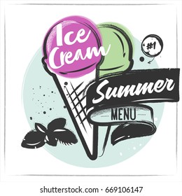 Summer Ice Cream Menu - Sketched Mint and Berry Ice Cream