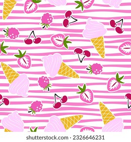 Summer ice cream pattern with berries. Vector seamless background with strawberry, cherry, ice cream cone and raspberry