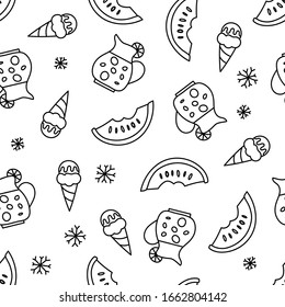 Summer ice cream pattern. Seamless cute line background. Watermelon and drinks.