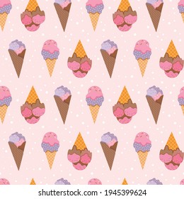 Summer ice cream pattern. Sweet snow cones, frozen dessert stick, ice pops and candies in seamless background for wallpapers, prints, textiles and fabric design.