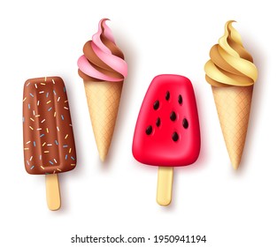 Summer ice cream and popsicle vector set. Tropical refreshment food collection with delicious flavor isolated in white background for hot season refresh. Vector illustration.