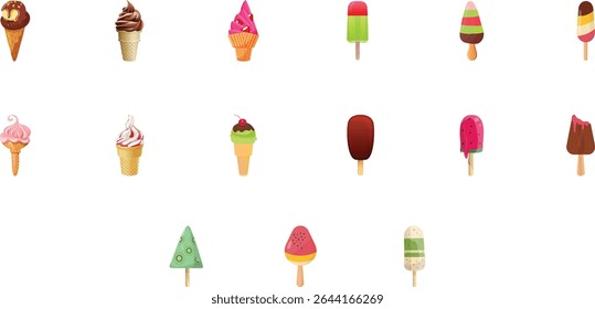 Sorvete de verão e coleção vetor de picolé refrescante tratar ilustrações, colorido sobremesa gráficos para projetos sazonais