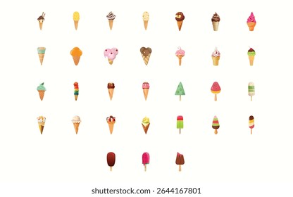Sorvete de verão e coleção de vetor de picolé, ilustrações refrescantes de tratamento, gráficos coloridos de sobremesa para designs sazonais, mídias sociais e marca de alimentos