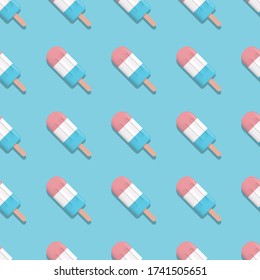 Helado de verano regular de fondo vectorial patrón sin costura con paletas en fondo azul. Colores pastel modernos. Ilustración Eps10.