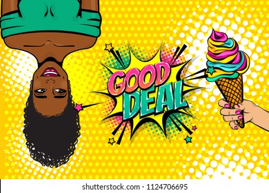 Summer Ice Cream Sale Deal. Black African-american Young Girl Pop Art. Woman Pop Art. Comic Text Advertise Speech Bubble. Retro Halftone Background.