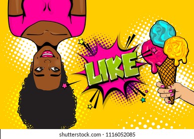 Summer Ice Cream Sale Like. Black African-american Young Smiling Girl Pop Art. Woman Pop Art. Comic Text Advertise Speech Bubble. Retro Halftone Background.