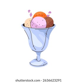 Summer Ice cream scoops in bowl. Vector icon of round dessert ball with stick in cone or cup. Sweet frozen treat for snack. Element for cafe menu. Creamy dairy or gelato food with topping. Confection.