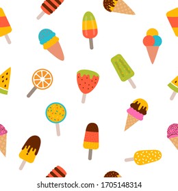 Summer ice cream seamless pattern. Cute cartoon background. Perfect for wrapping paper or fabric. Vector illustration