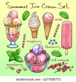 Summer ice cream set with mint and berries isolated on background.