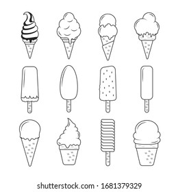 Summer ice cream set in outline. Dessert elements. Juicy icons.